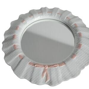 Vintage Ruffled Ribbon Wall Mirror White Pink Scalloped Round 10" Cottage Shabby